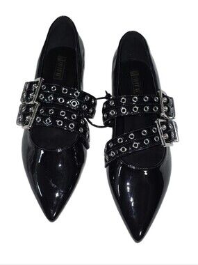 #011 Patent Leather Black Pointed Mary Jane Flats with Double Grommet Straps